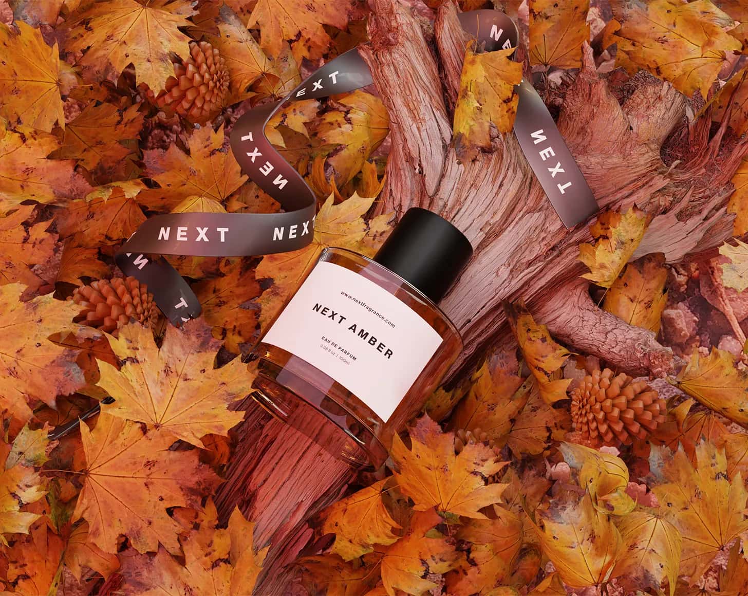 Next Amber eau de parfum, 100ml, lying on autumn leaves with a Next ribbon